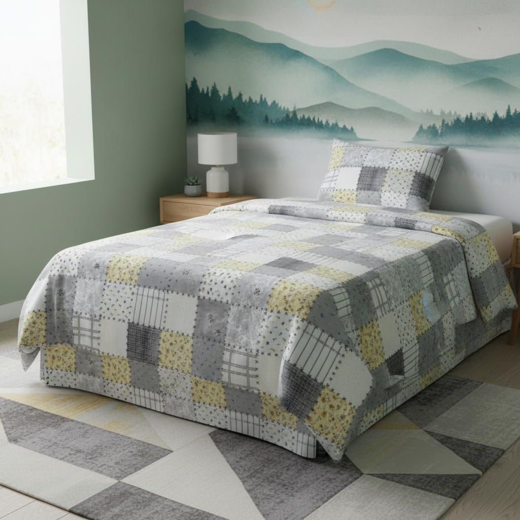 Gri–Sarı Yıldızlı Grid (Tekstil Kolaj) Deseni