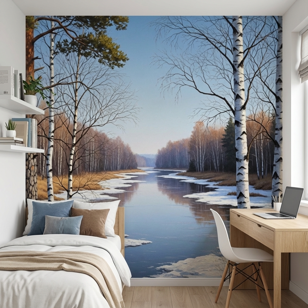 Kış Nehir Manzarası Duvar Kağıdı – Peel & Stick Doğa Temalı Modern Duvar Kağıdı