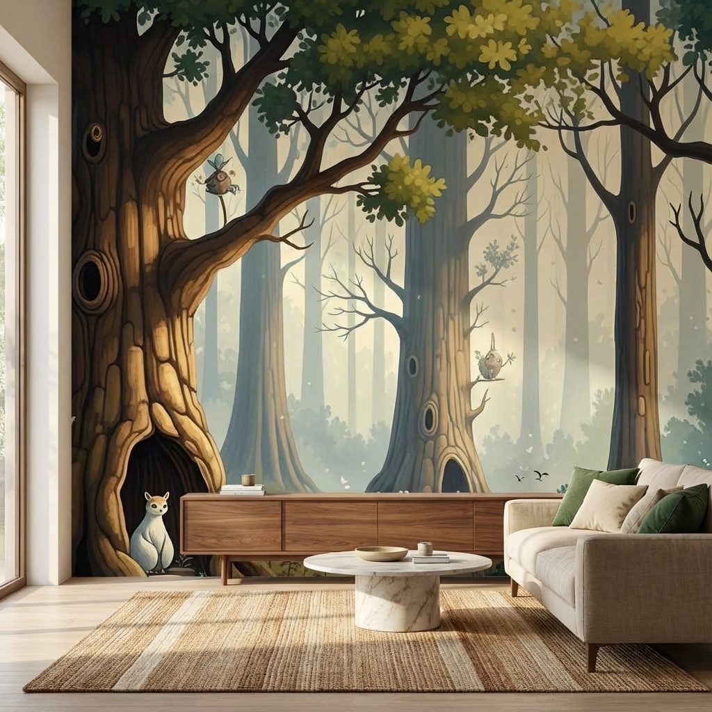 Masalsı Orman Ağaç Evleri Duvar Kağıdı – Peel & Stick Çocuk Odası Duvar Kağıdı