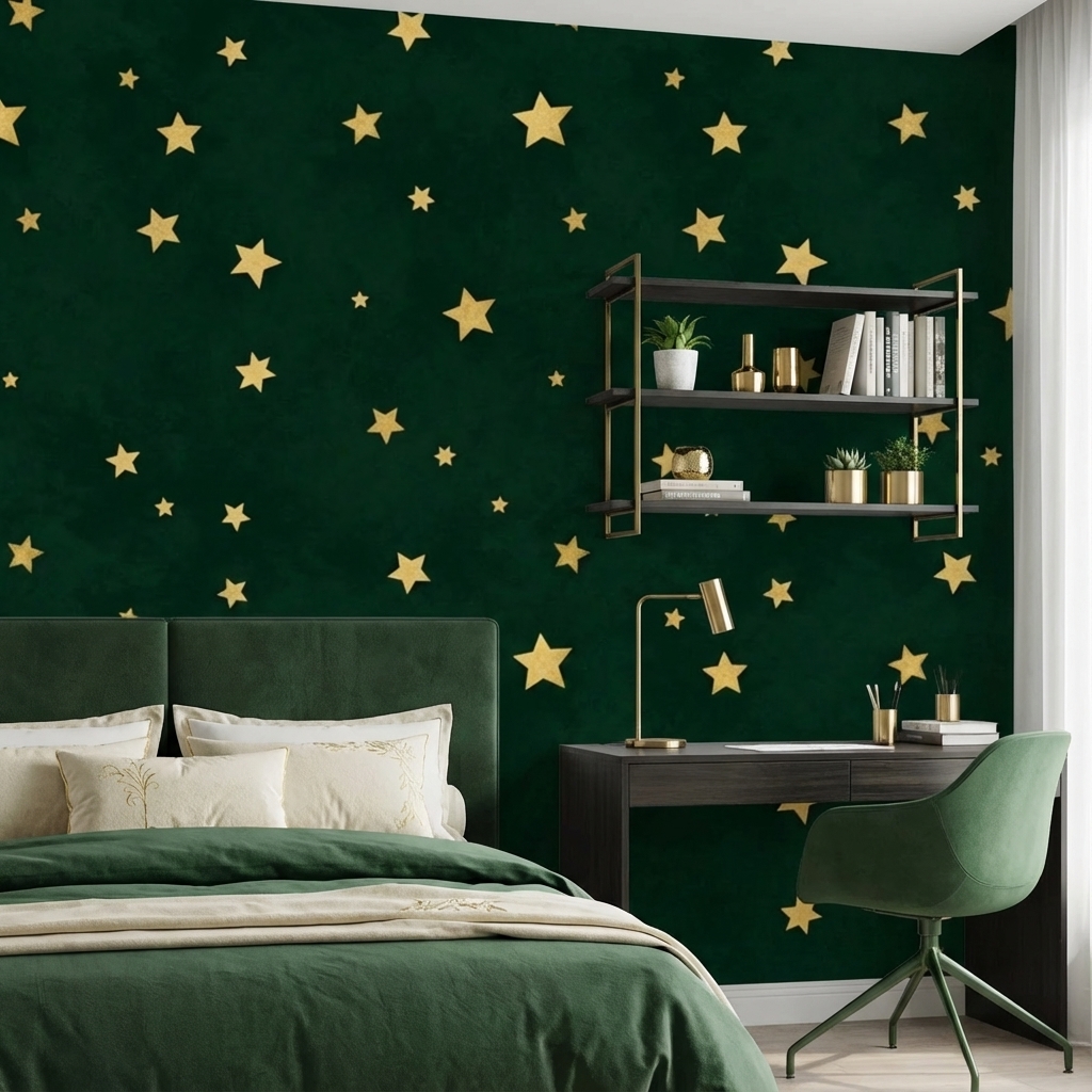 Yeşil Altın Yıldız Duvar Kağıdı – Peel & Stick Minimal Desenli Duvar Kağıdı
