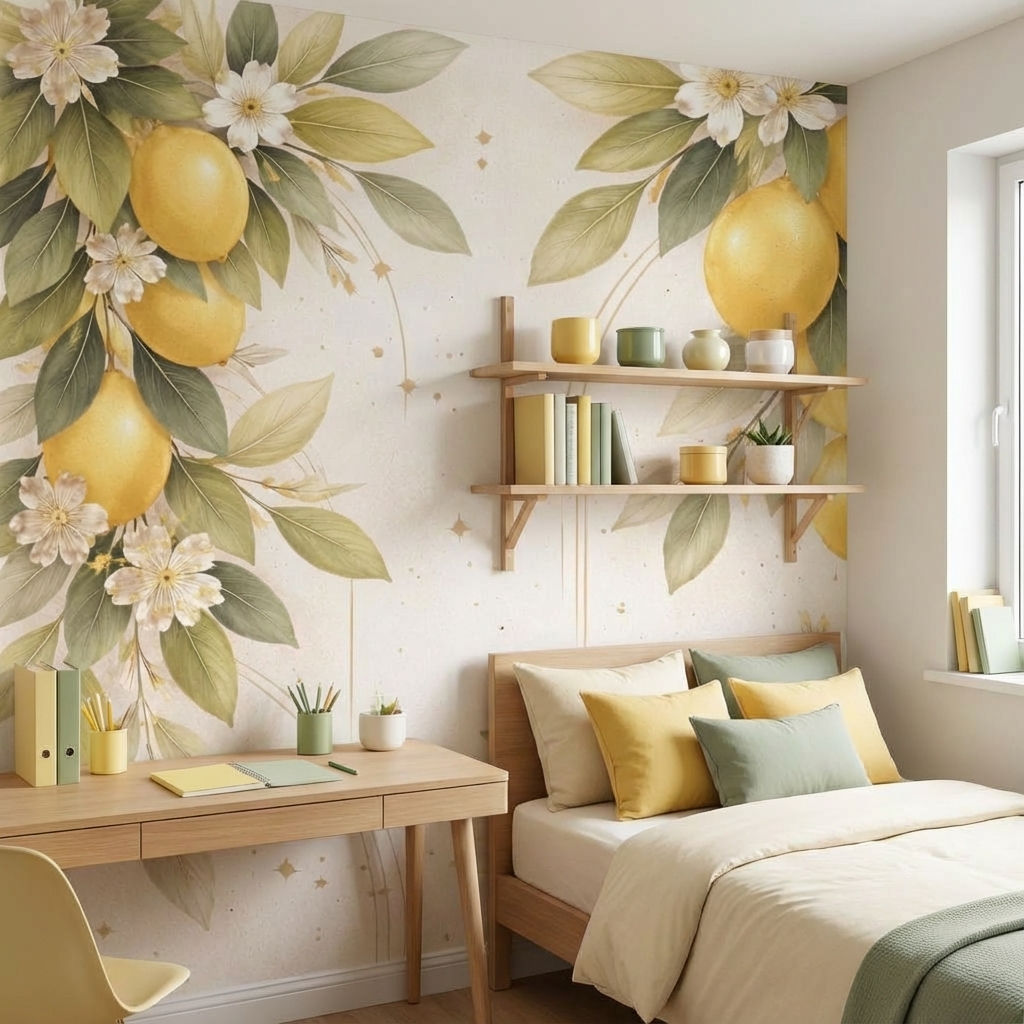 Limon Çiçekli Duvar Kağıdı – Peel & Stick Akdeniz Tarzı Duvar Kağıdı