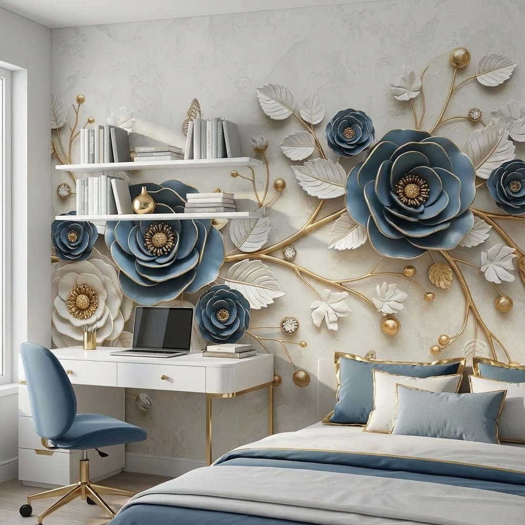 Mavi Altın 3D Çiçek Duvar Kağıdı – Peel & Stick Lüks Floral Duvar Kağıdı