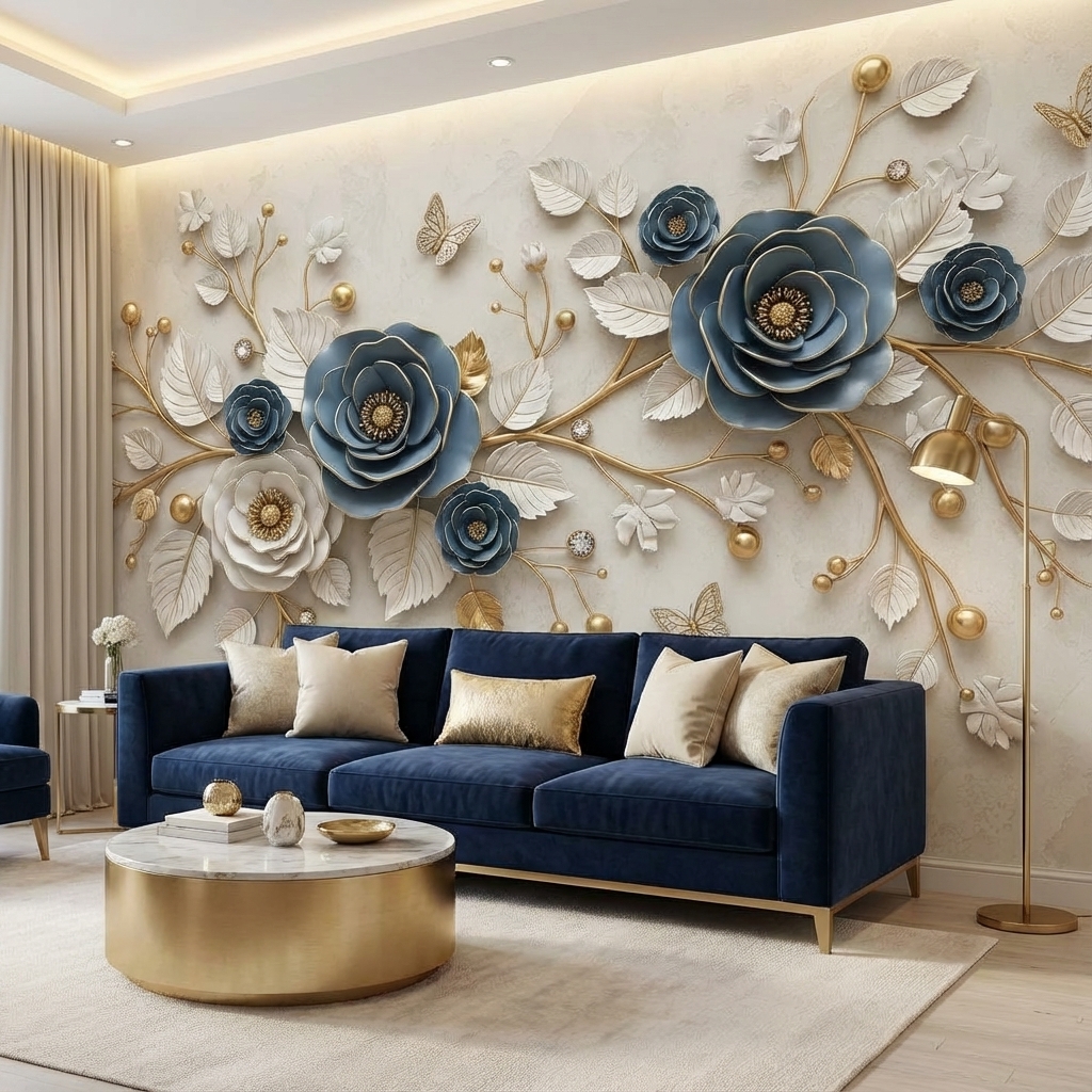 Mavi Altın 3D Çiçek Duvar Kağıdı – Peel & Stick Lüks Floral Duvar Kağıdı