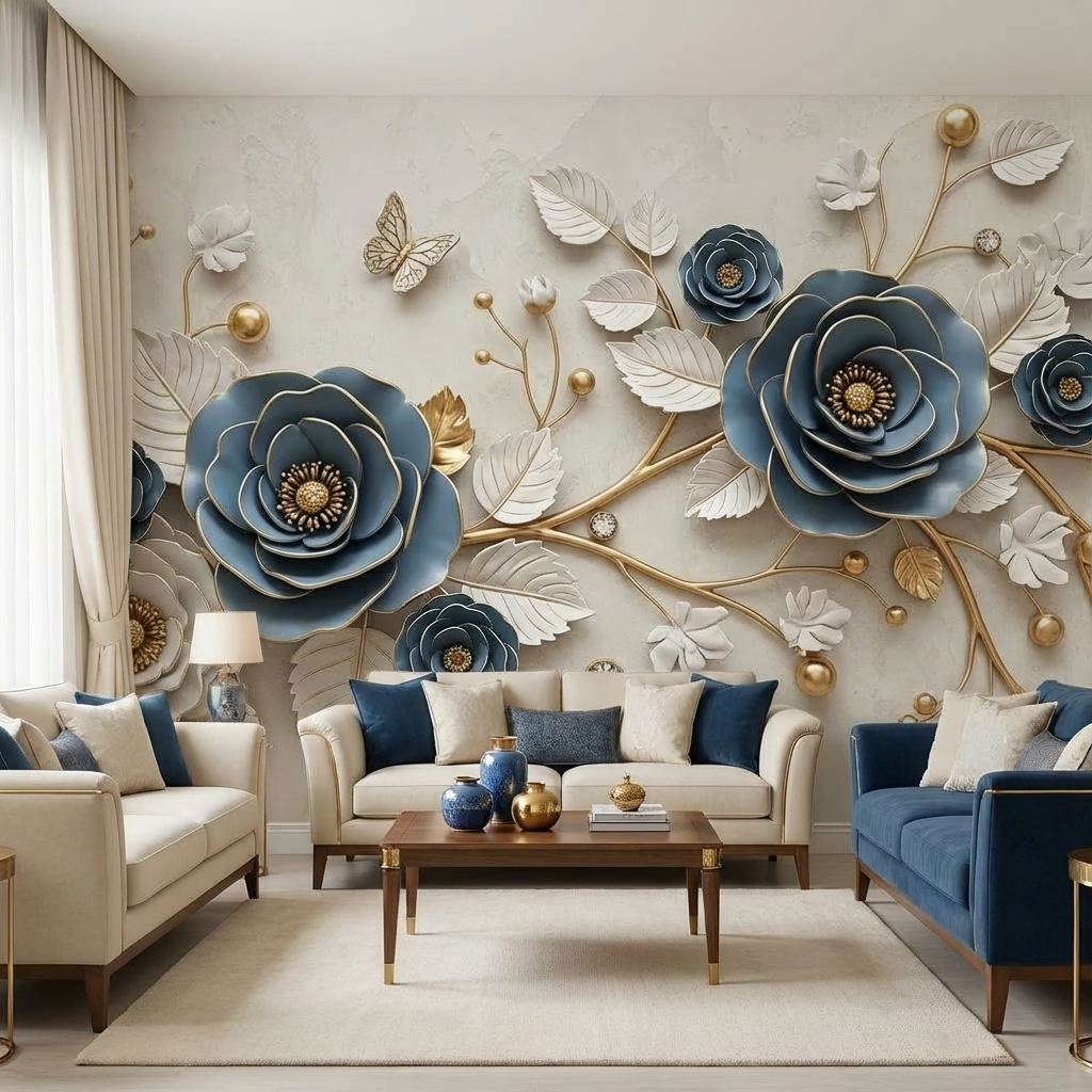 Mavi Altın 3D Çiçek Duvar Kağıdı – Peel & Stick Lüks Floral Duvar Kağıdı