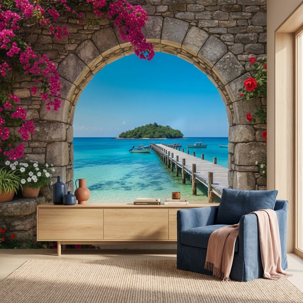 Deniz ve İskele Manzarası Duvar Kağıdı – Akdeniz Temalı Peel & Stick Duvar Kağıdı