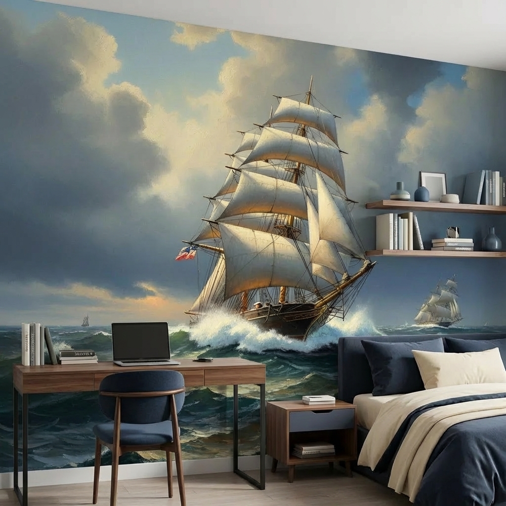 Fırtınalı Deniz ve Yelkenli Gemi Duvar Kağıdı – Denizcilik Temalı Peel & Stick Duvar Kağıdı