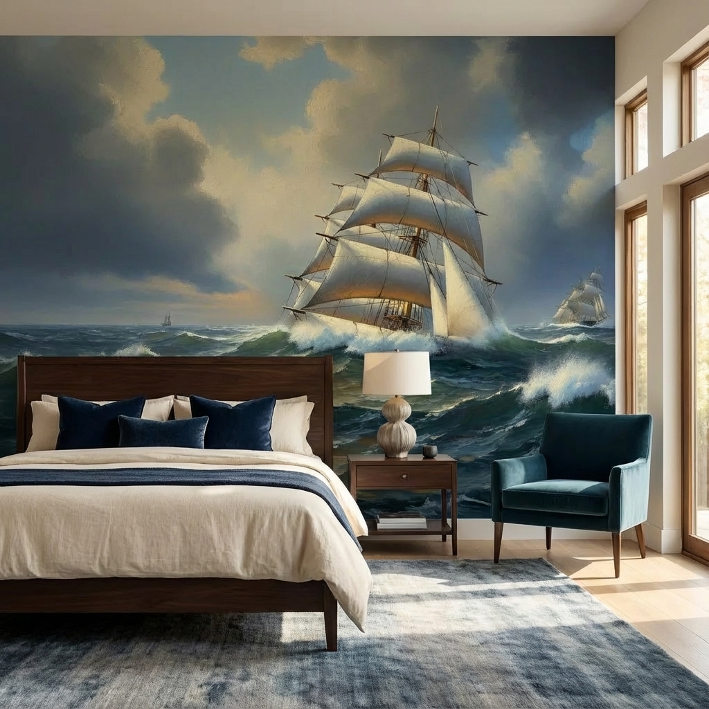 Fırtınalı Deniz ve Yelkenli Gemi Duvar Kağıdı – Denizcilik Temalı Peel & Stick Duvar Kağıdı