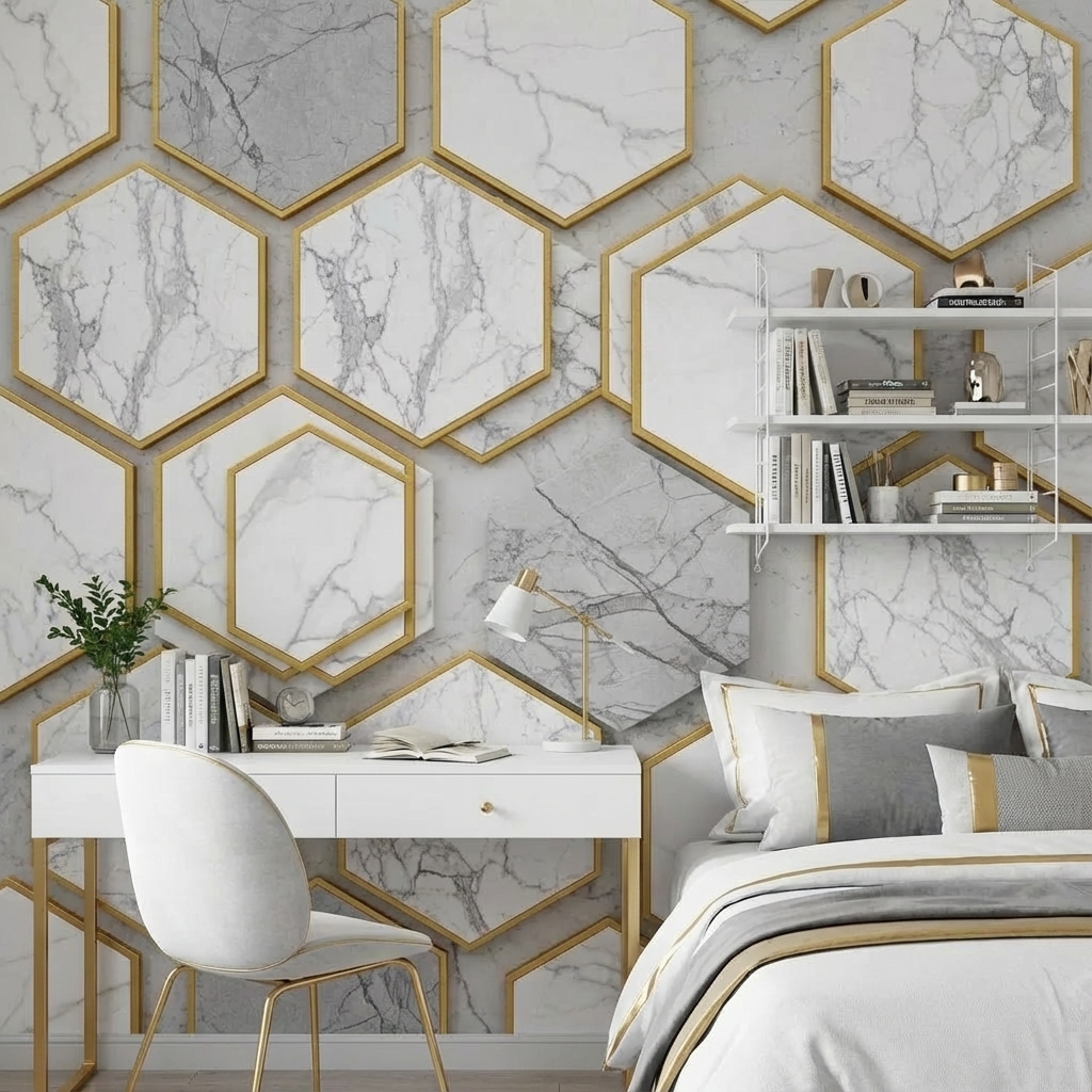 Altın Çerçeveli Mermer Altıgen Duvar Kağıdı – Modern Geometrik Lüks Peel & Stick
