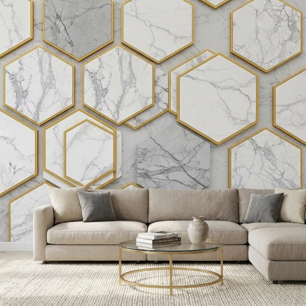 Altın Çerçeveli Mermer Altıgen Duvar Kağıdı – Modern Geometrik Lüks Peel & Stick