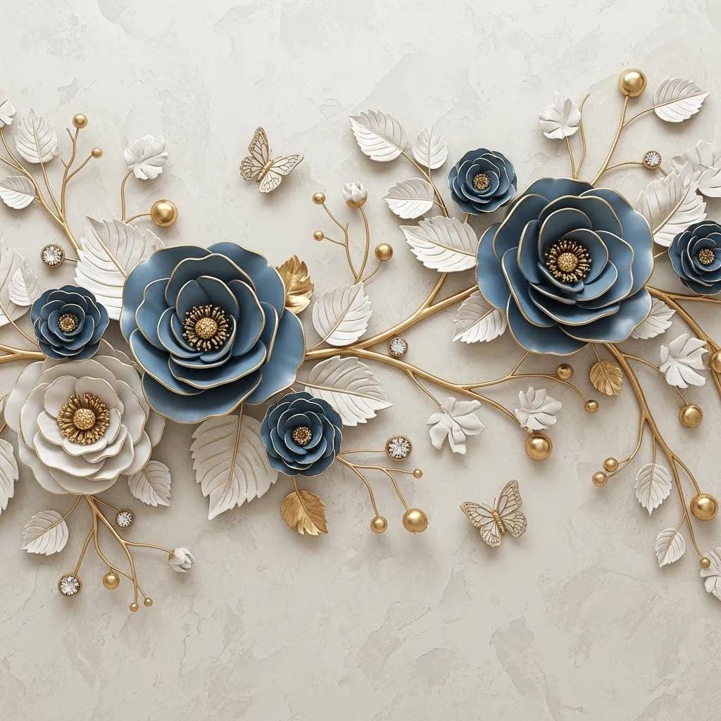 Mavi Altın 3D Çiçek Duvar Kağıdı – Peel & Stick Lüks Floral Duvar Kağıdı