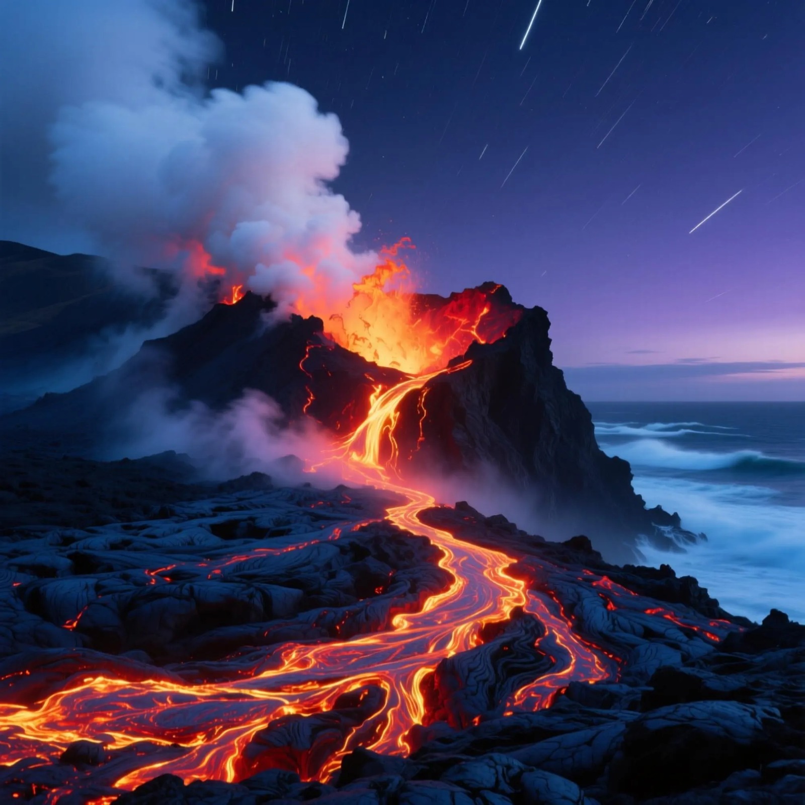 Volkanik Lav Akışı Duvar Kağıdı – Gece Manzaralı Dramatik Doğa Tasarımı